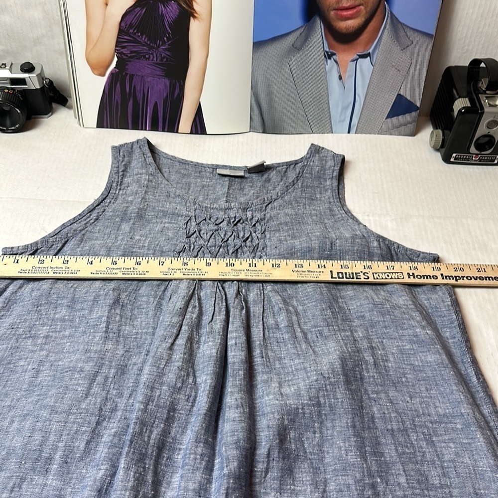 Kenar 100% Linen Shift Dress | Petite Blue Chambray Pockets Coastal Minimalist - Picture 7 of 12